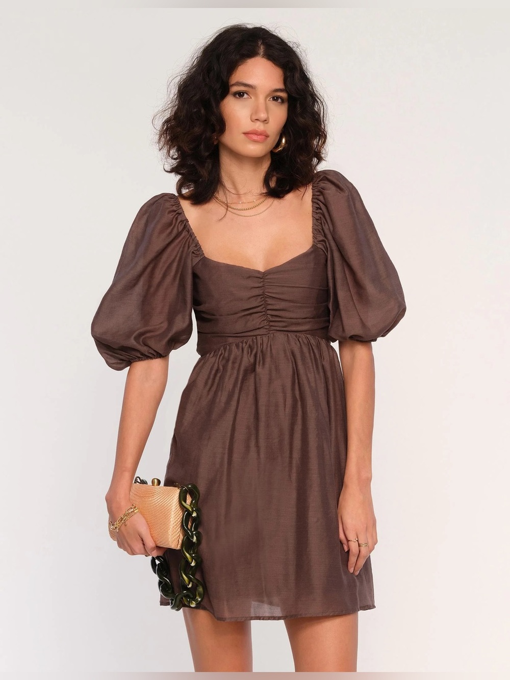 Heartloom Orion Dress Puff-Sleeve Mini Dress in Espresso